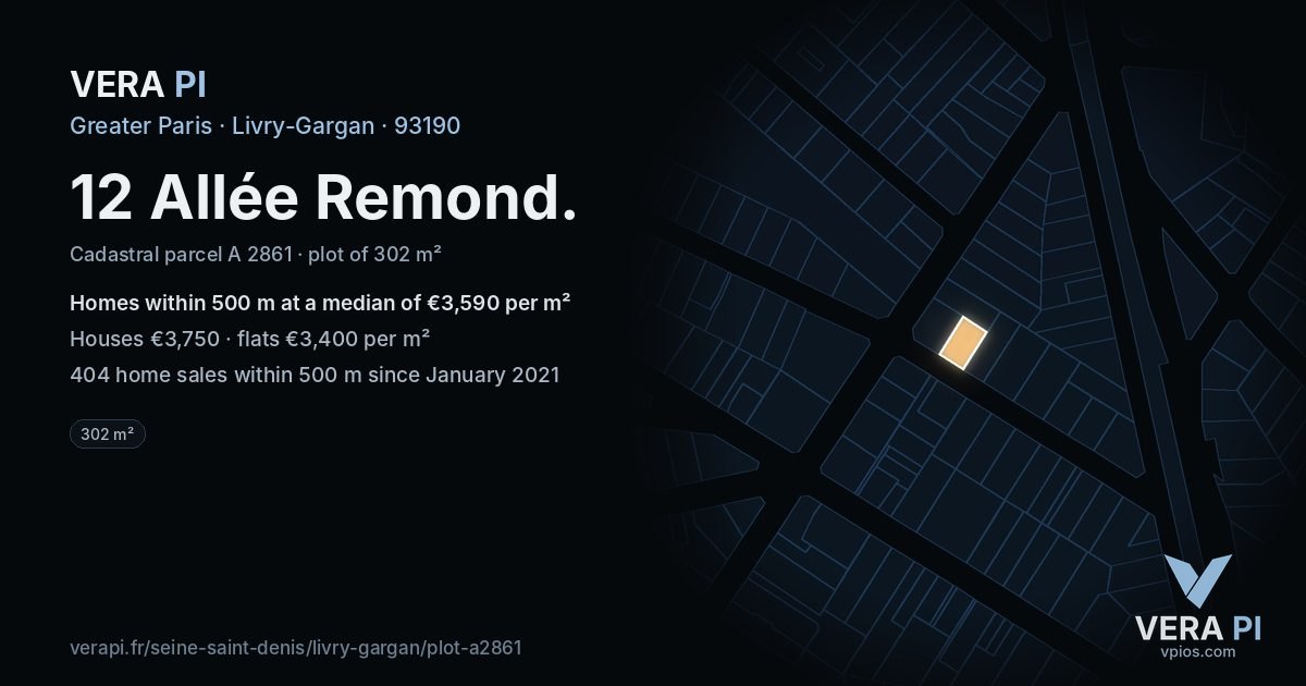 12 Allée Remond, Livry-Gargan at night – the plot lit, the parcels around coloured by the prices near them