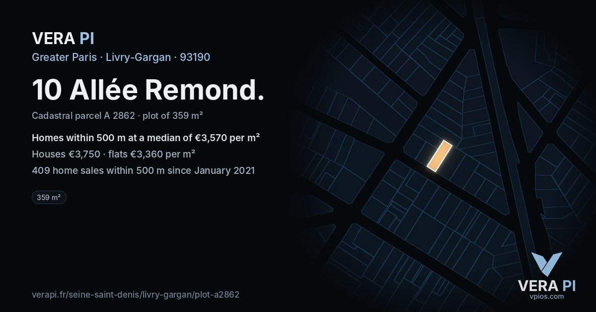 10 Allée Remond, Livry-Gargan at night – the plot lit, the parcels around coloured by the prices near them