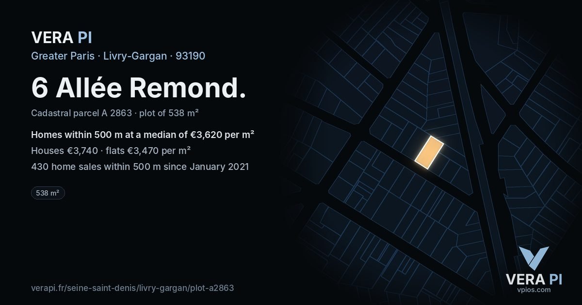 6 Allée Remond, Livry-Gargan at night – the plot lit, the parcels around coloured by the prices near them