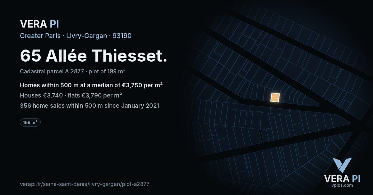 65 Allée Thiesset, Livry-Gargan at night – the plot lit, the parcels around coloured by the prices near them