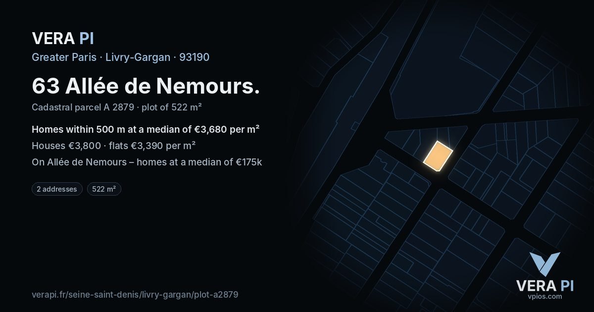 63 Allée de Nemours, Livry-Gargan at night – the plot lit, the parcels around coloured by the prices near them