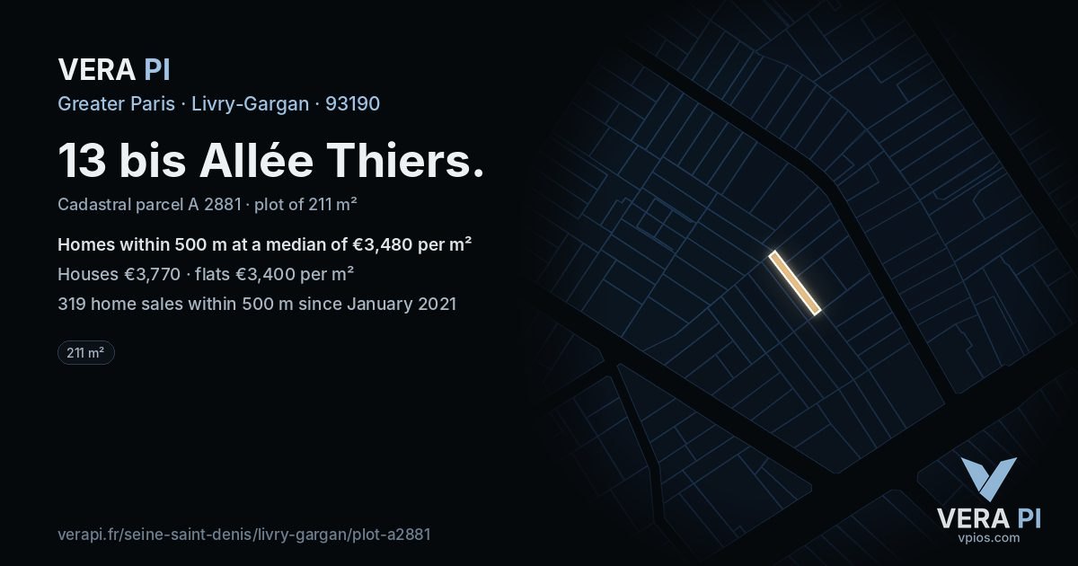 13 bis Allée Thiers, Livry-Gargan at night – the plot lit, the parcels around coloured by the prices near them