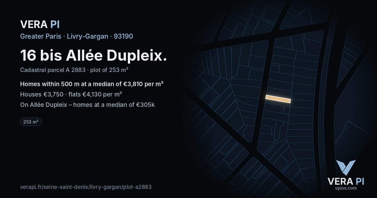 16 bis Allée Dupleix, Livry-Gargan at night – the plot lit, the parcels around coloured by the prices near them