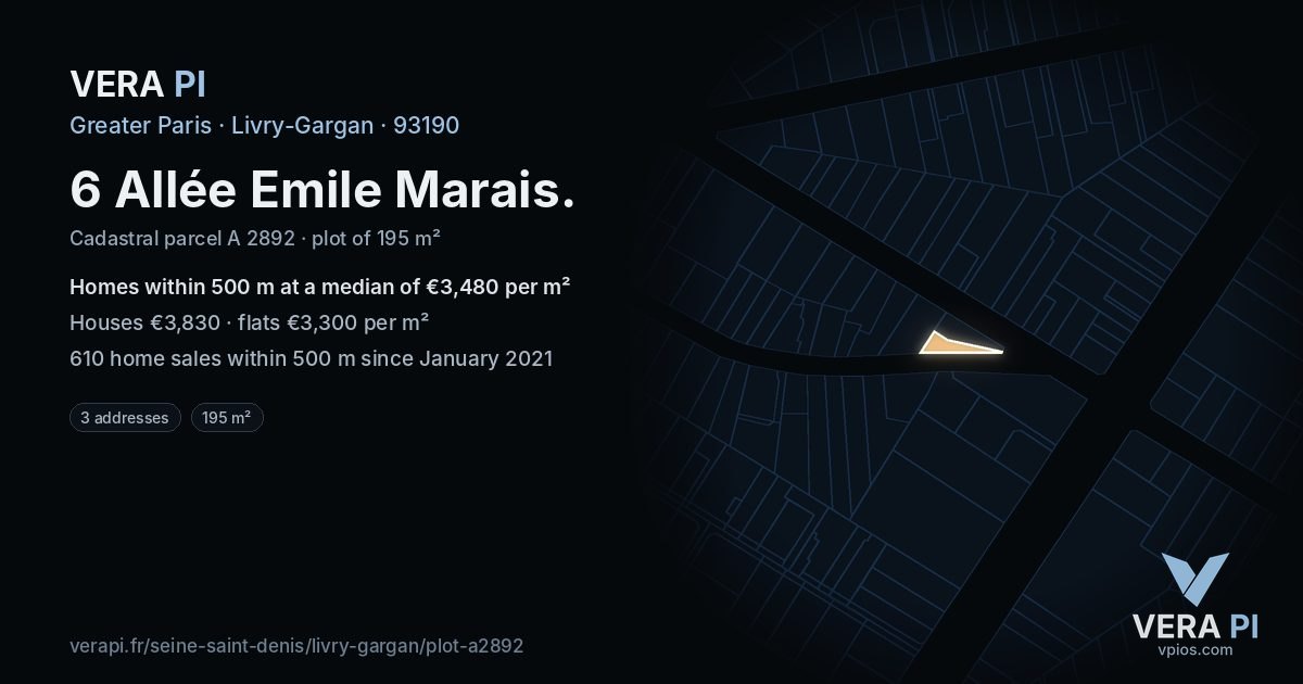 6 Allée Emile Marais, Livry-Gargan at night – the plot lit, the parcels around coloured by the prices near them