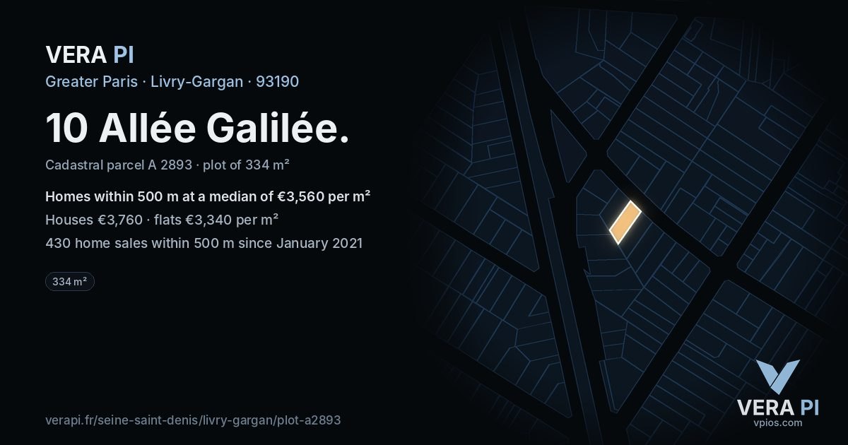 10 Allée Galilée, Livry-Gargan at night – the plot lit, the parcels around coloured by the prices near them
