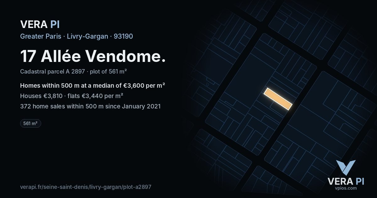 17 Allée Vendome, Livry-Gargan at night – the plot lit, the parcels around coloured by the prices near them