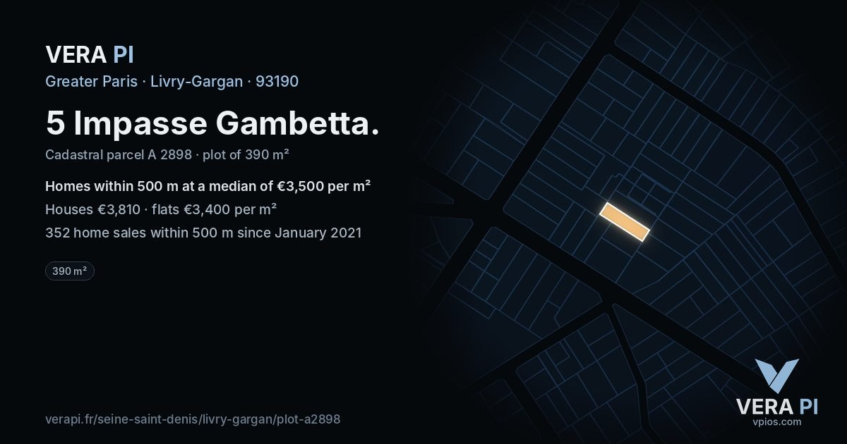 5 Impasse Gambetta, Livry-Gargan at night – the plot lit, the parcels around coloured by the prices near them