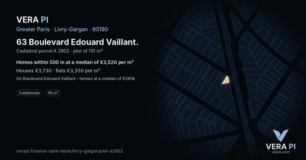 63 Boulevard Edouard Vaillant, Livry-Gargan at night – the plot lit, the parcels around coloured by the prices near them