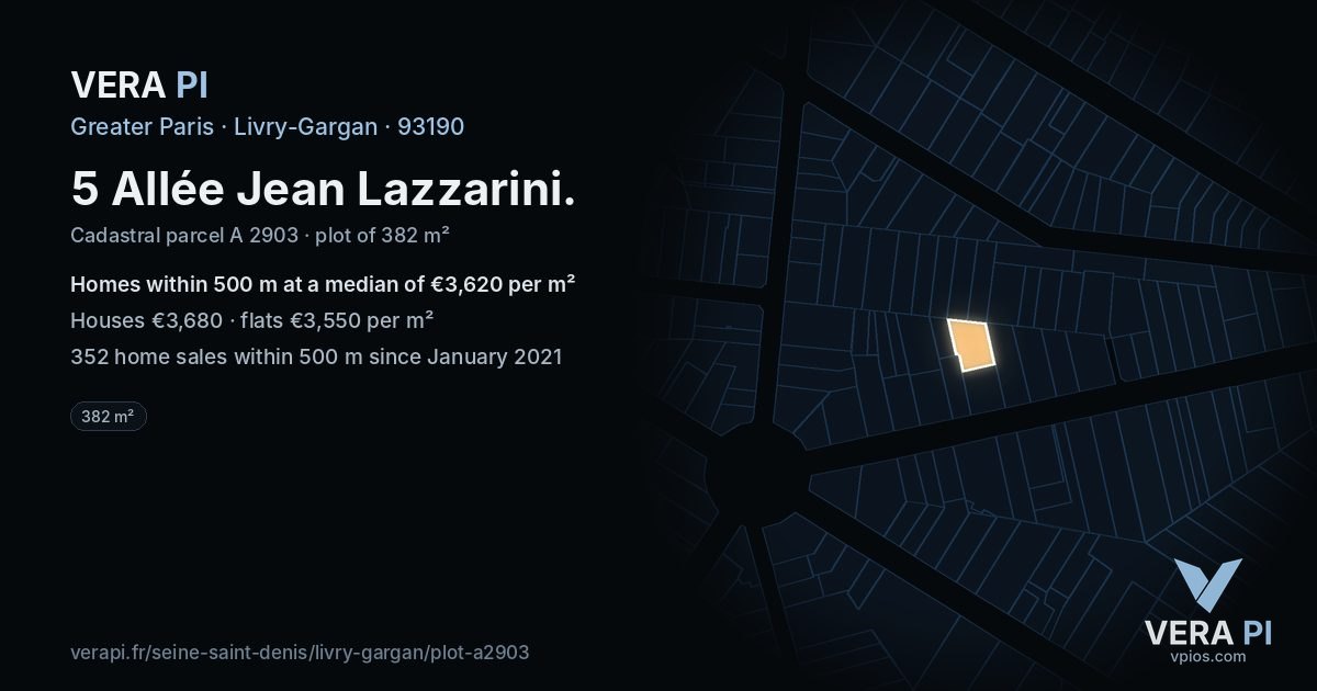 5 Allée Jean Lazzarini, Livry-Gargan at night – the plot lit, the parcels around coloured by the prices near them