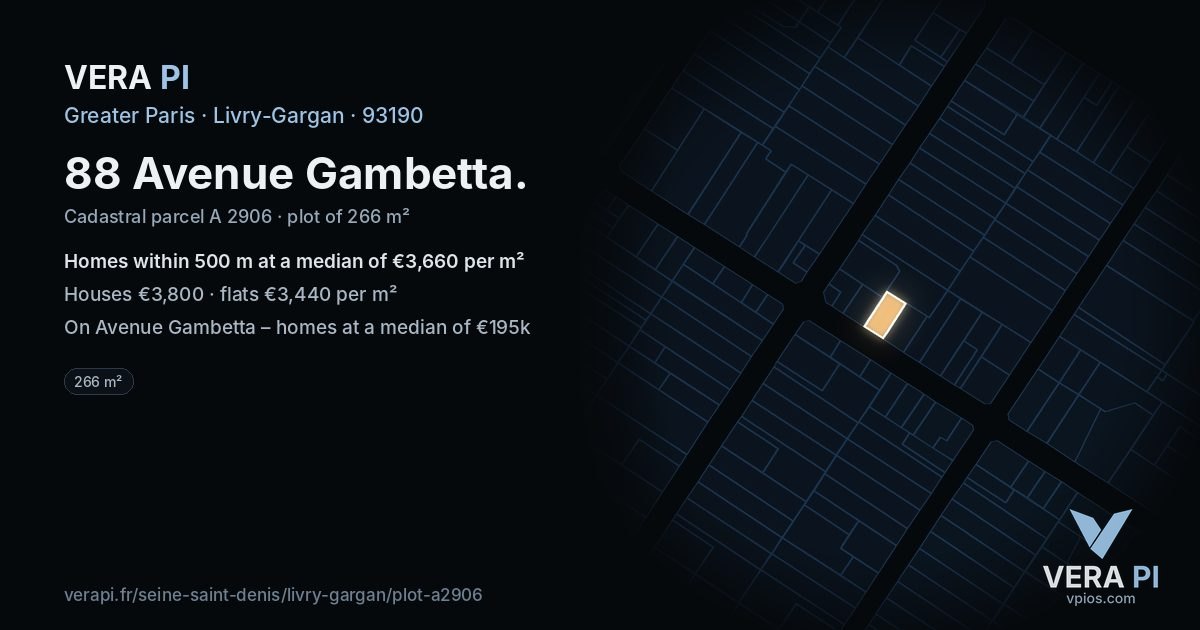 88 Avenue Gambetta, Livry-Gargan at night – the plot lit, the parcels around coloured by the prices near them