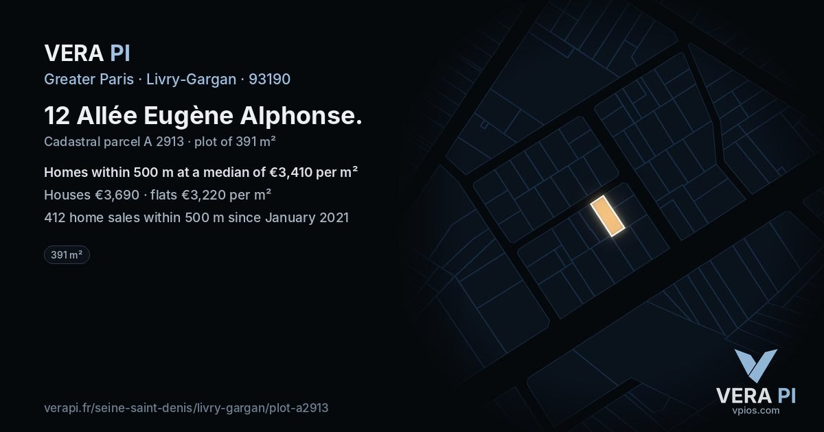 12 Allée Eugène Alphonse, Livry-Gargan at night – the plot lit, the parcels around coloured by the prices near them