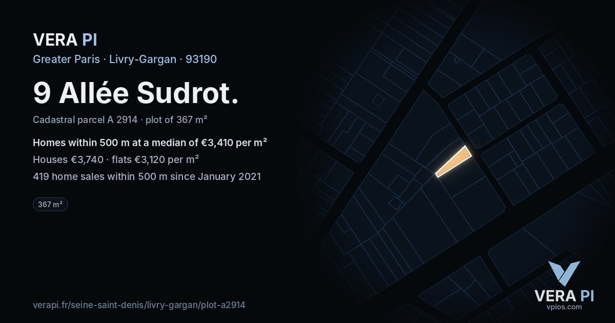 9 Allée Sudrot, Livry-Gargan at night – the plot lit, the parcels around coloured by the prices near them
