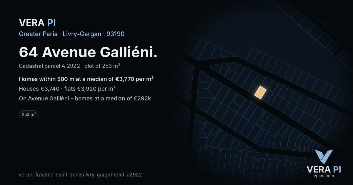 64 Avenue Galliéni, Livry-Gargan at night – the plot lit, the parcels around coloured by the prices near them