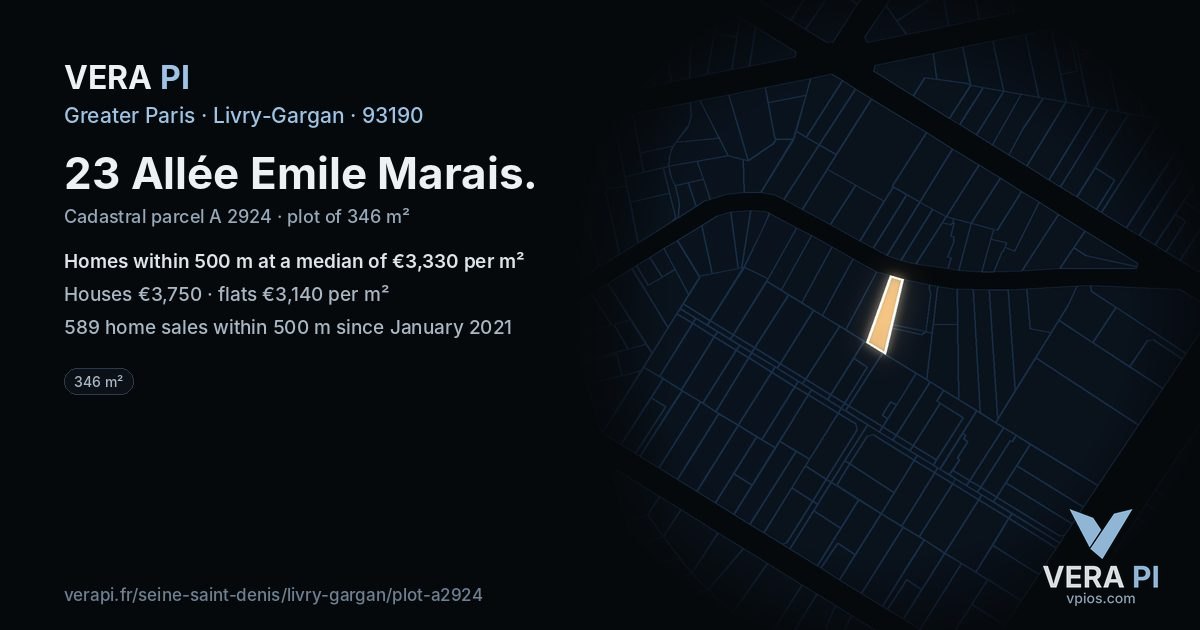 23 Allée Emile Marais, Livry-Gargan at night – the plot lit, the parcels around coloured by the prices near them