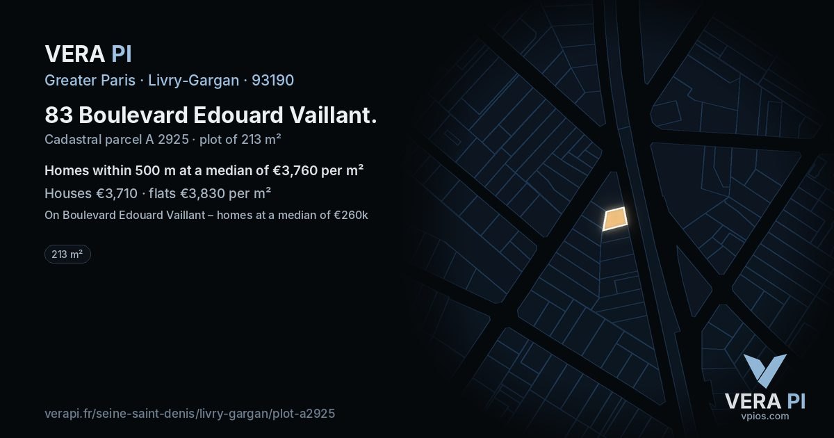 83 Boulevard Edouard Vaillant, Livry-Gargan at night – the plot lit, the parcels around coloured by the prices near them