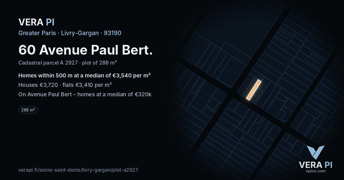 60 Avenue Paul Bert, Livry-Gargan at night – the plot lit, the parcels around coloured by the prices near them