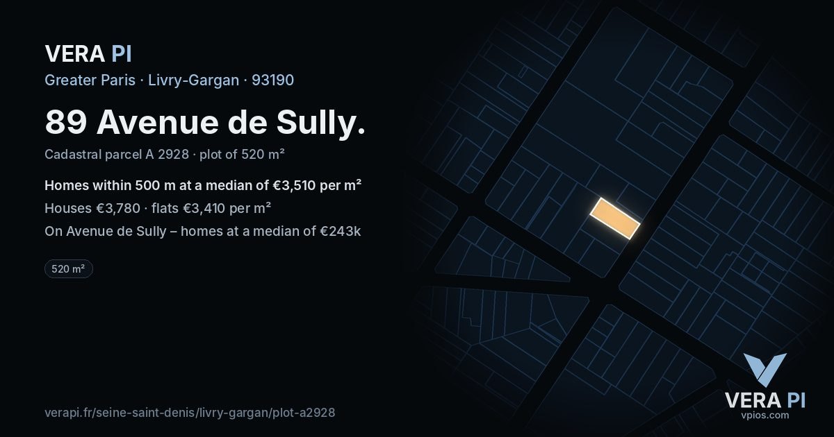 89 Avenue de Sully, Livry-Gargan at night – the plot lit, the parcels around coloured by the prices near them