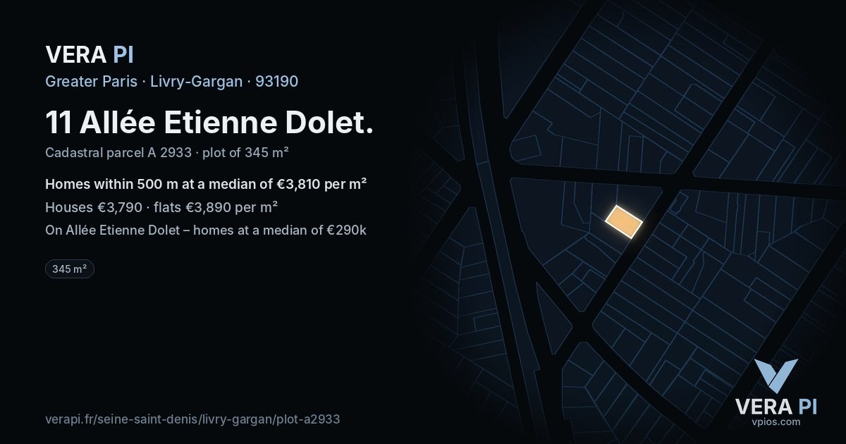 11 Allée Etienne Dolet, Livry-Gargan at night – the plot lit, the parcels around coloured by the prices near them