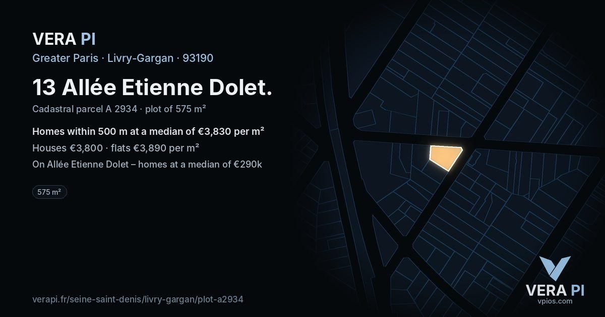 13 Allée Etienne Dolet, Livry-Gargan at night – the plot lit, the parcels around coloured by the prices near them