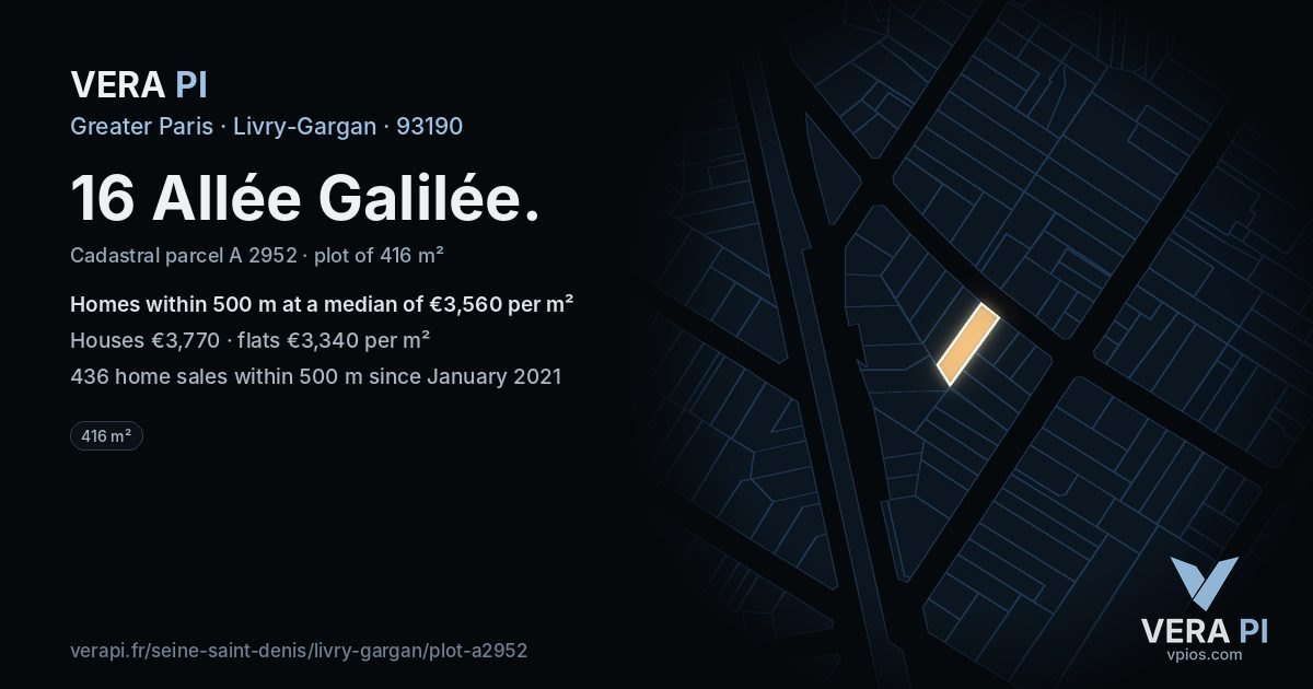 16 Allée Galilée, Livry-Gargan at night – the plot lit, the parcels around coloured by the prices near them