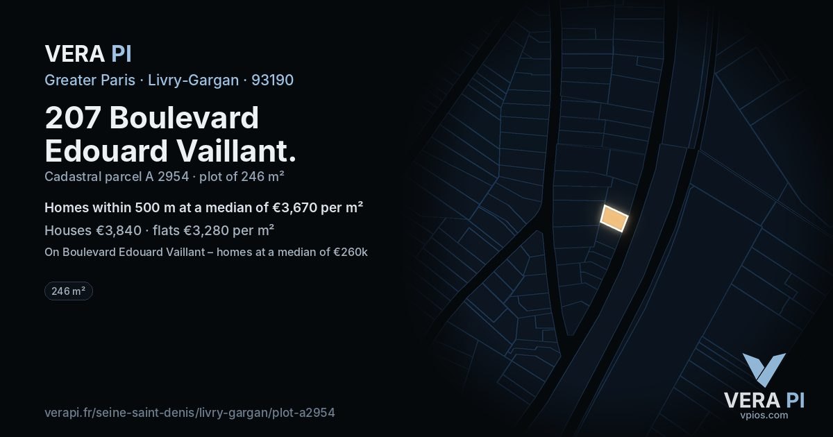 207 Boulevard Edouard Vaillant, Livry-Gargan at night – the plot lit, the parcels around coloured by the prices near them