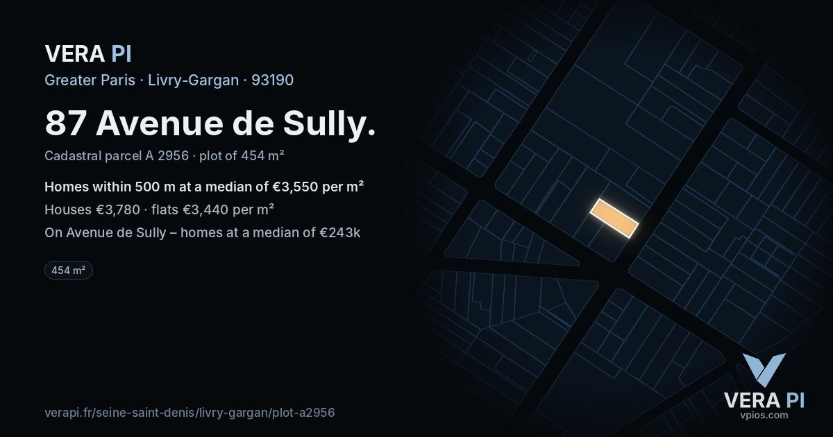 87 Avenue de Sully, Livry-Gargan at night – the plot lit, the parcels around coloured by the prices near them