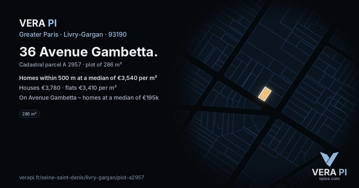 36 Avenue Gambetta, Livry-Gargan at night – the plot lit, the parcels around coloured by the prices near them