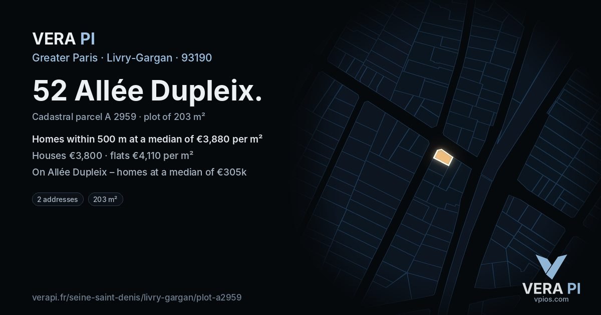 52 Allée Dupleix, Livry-Gargan at night – the plot lit, the parcels around coloured by the prices near them