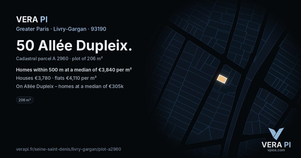50 Allée Dupleix, Livry-Gargan at night – the plot lit, the parcels around coloured by the prices near them