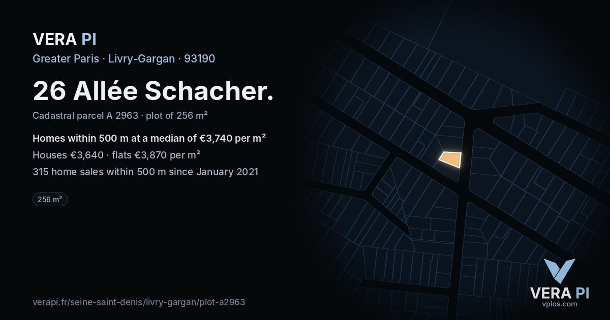 26 Allée Schacher, Livry-Gargan at night – the plot lit, the parcels around coloured by the prices near them