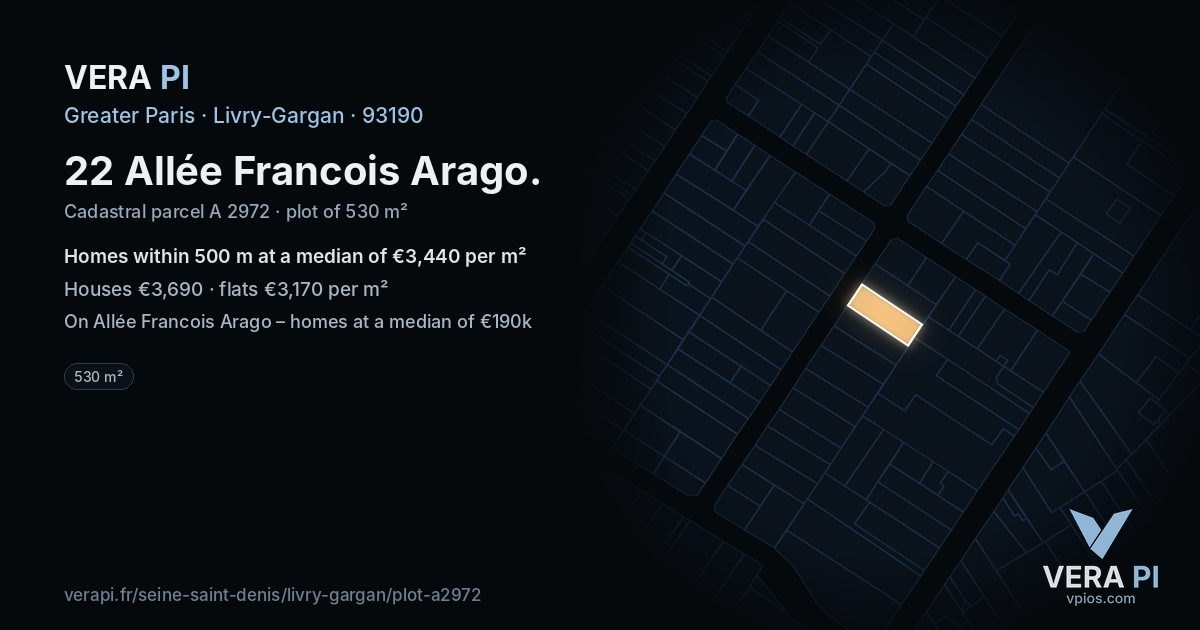 22 Allée Francois Arago, Livry-Gargan at night – the plot lit, the parcels around coloured by the prices near them