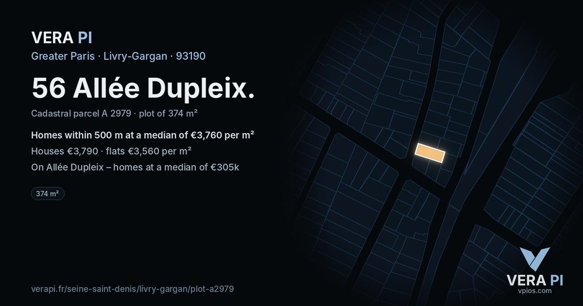 56 Allée Dupleix, Livry-Gargan at night – the plot lit, the parcels around coloured by the prices near them