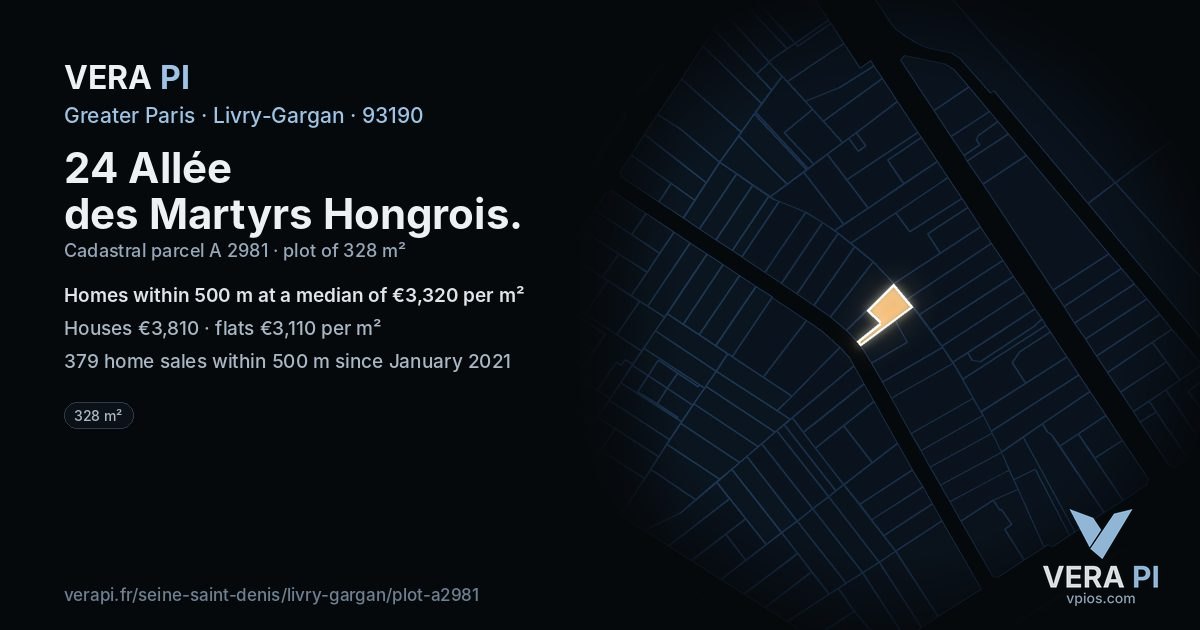 24 Allée des Martyrs Hongrois, Livry-Gargan at night – the plot lit, the parcels around coloured by the prices near them