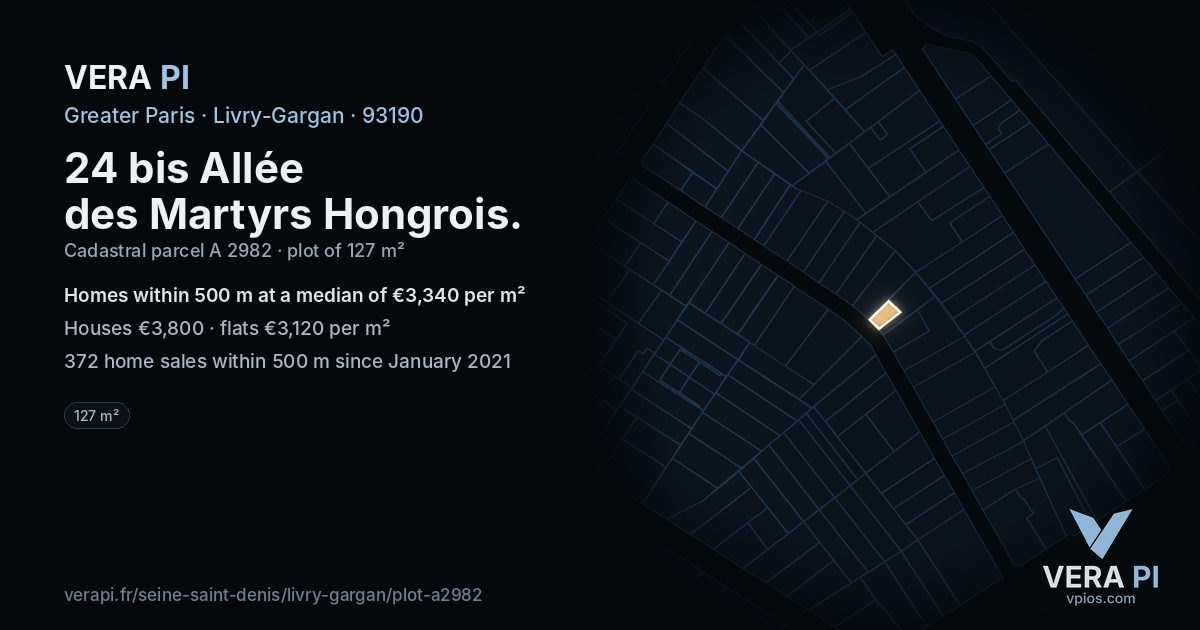 24 bis Allée des Martyrs Hongrois, Livry-Gargan at night – the plot lit, the parcels around coloured by the prices near them