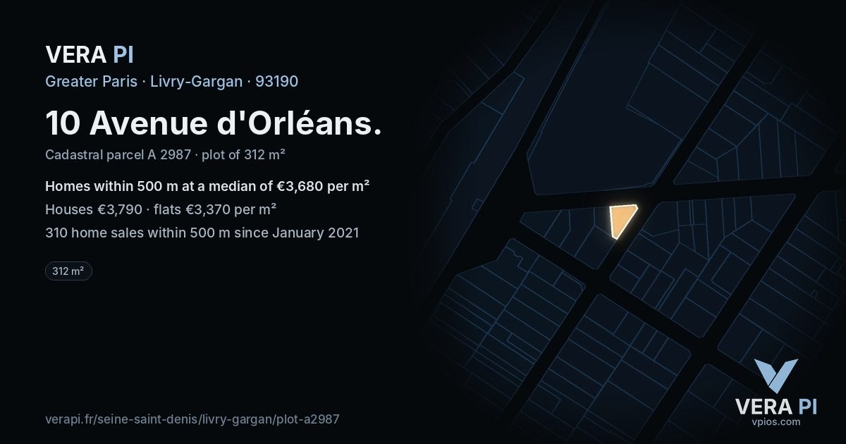 10 Avenue d'Orléans, Livry-Gargan at night – the plot lit, the parcels around coloured by the prices near them