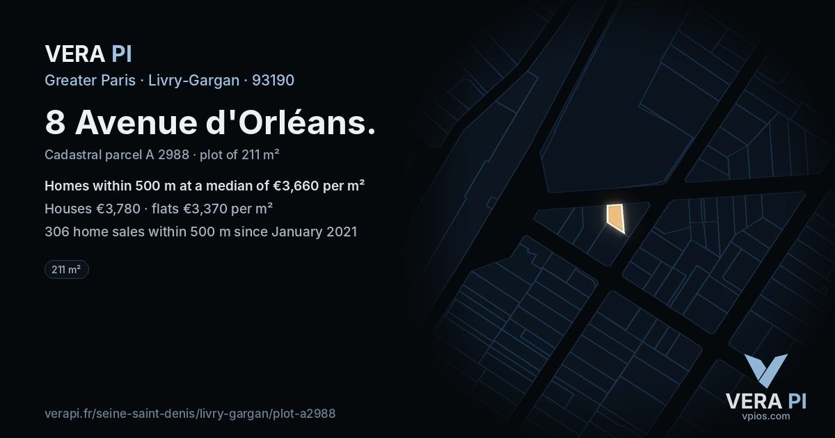 8 Avenue d'Orléans, Livry-Gargan at night – the plot lit, the parcels around coloured by the prices near them