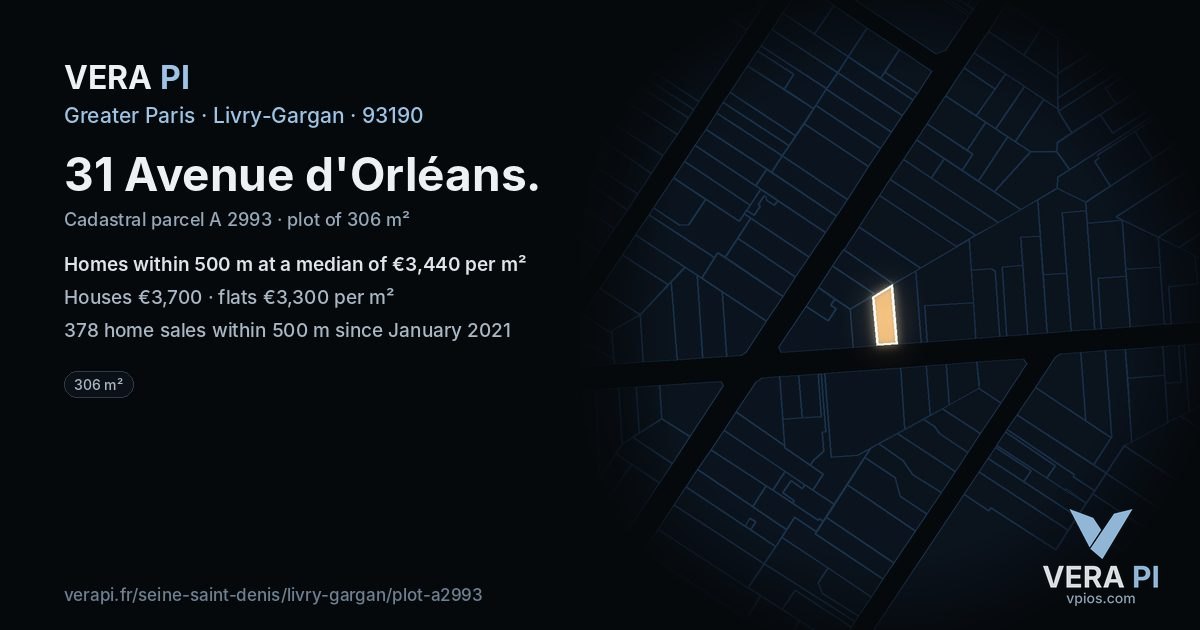 31 Avenue d'Orléans, Livry-Gargan at night – the plot lit, the parcels around coloured by the prices near them