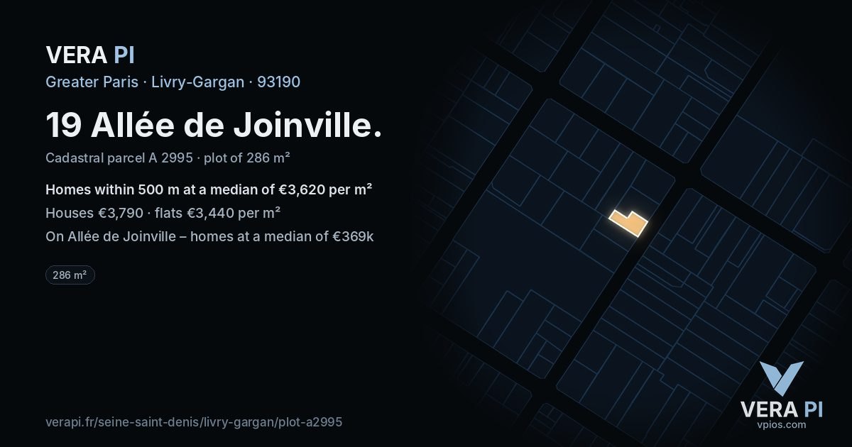 19 Allée de Joinville, Livry-Gargan at night – the plot lit, the parcels around coloured by the prices near them