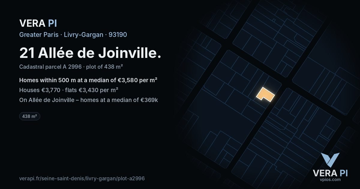 21 Allée de Joinville, Livry-Gargan at night – the plot lit, the parcels around coloured by the prices near them