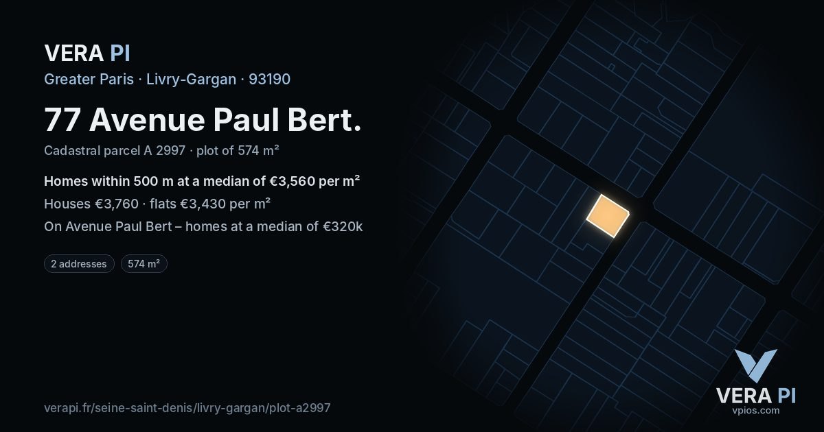 77 Avenue Paul Bert, Livry-Gargan at night – the plot lit, the parcels around coloured by the prices near them