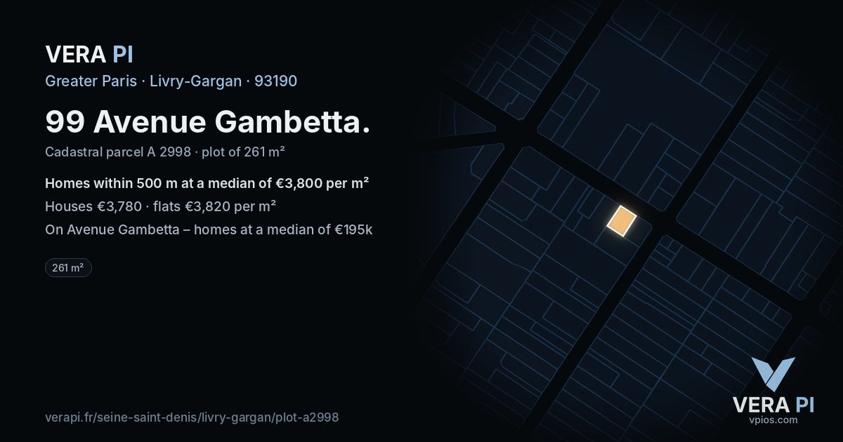 99 Avenue Gambetta, Livry-Gargan at night – the plot lit, the parcels around coloured by the prices near them