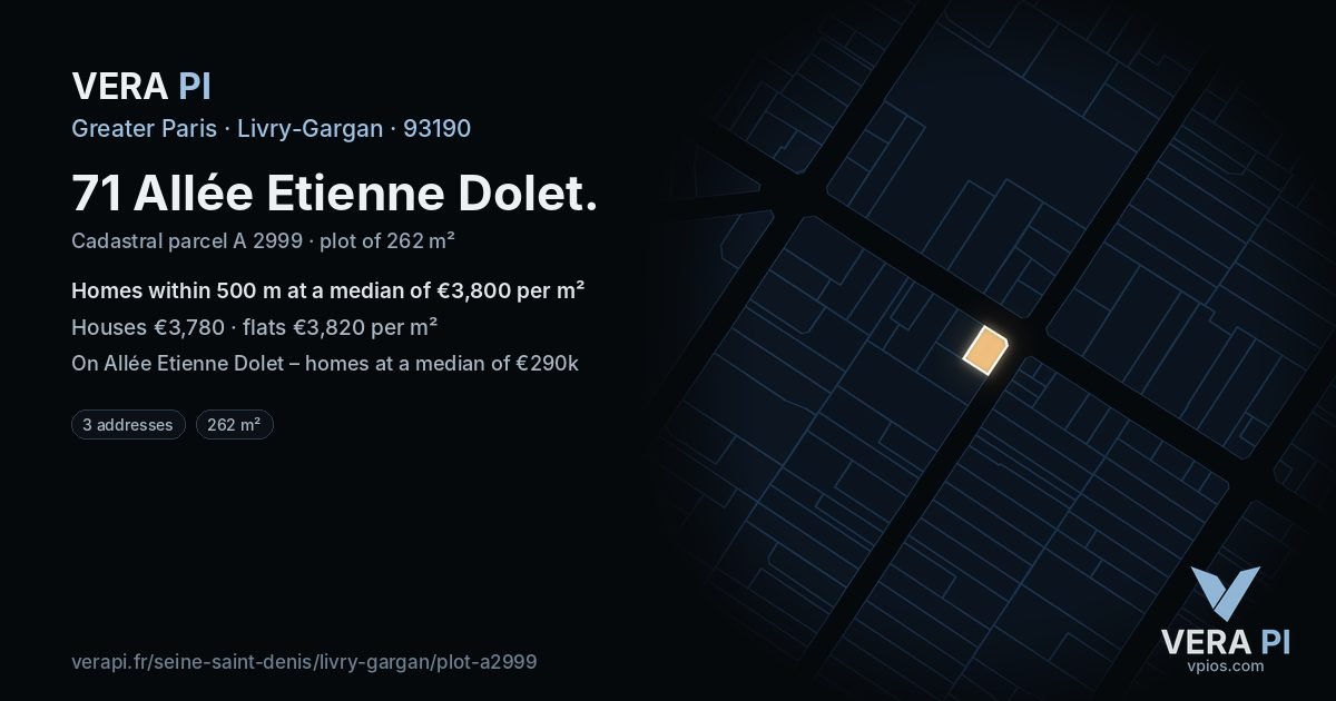 71 Allée Etienne Dolet, Livry-Gargan at night – the plot lit, the parcels around coloured by the prices near them