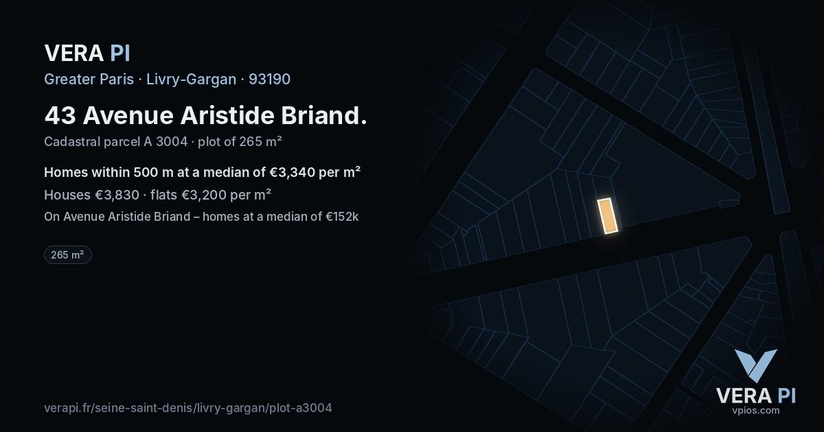 43 Avenue Aristide Briand, Livry-Gargan at night – the plot lit, the parcels around coloured by the prices near them