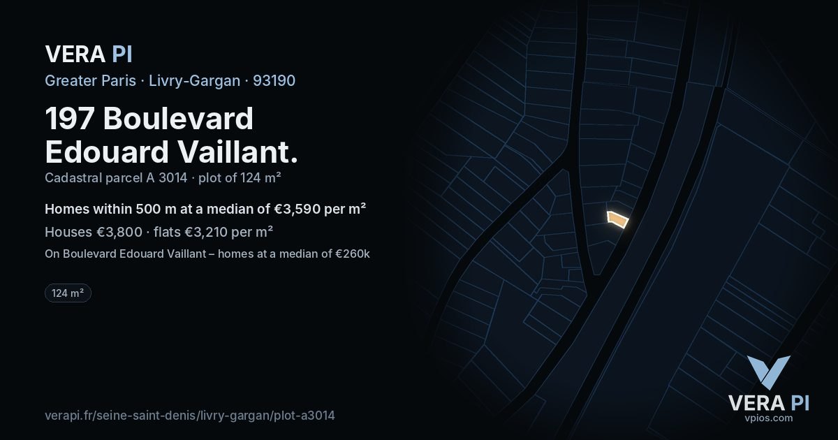 197 Boulevard Edouard Vaillant, Livry-Gargan at night – the plot lit, the parcels around coloured by the prices near them
