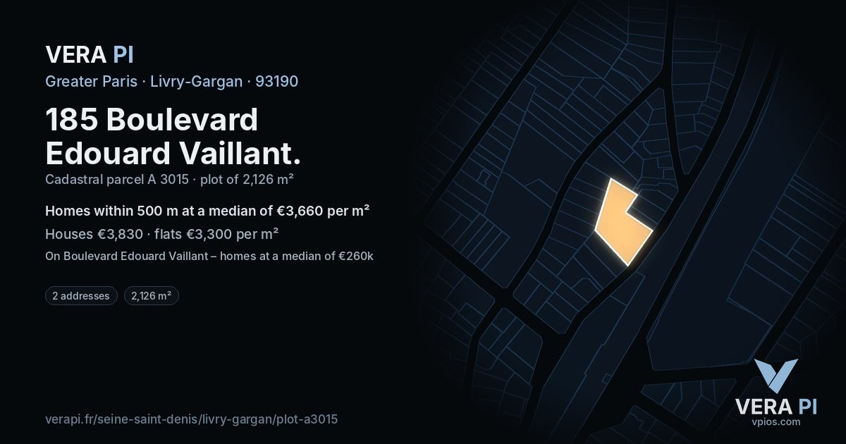 185 Boulevard Edouard Vaillant, Livry-Gargan at night – the plot lit, the parcels around coloured by the prices near them