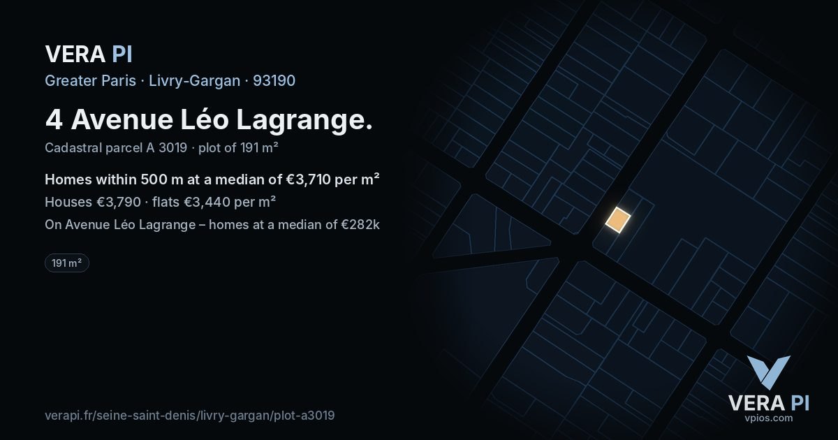4 Avenue Léo Lagrange, Livry-Gargan at night – the plot lit, the parcels around coloured by the prices near them