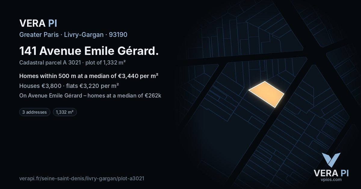 141 Avenue Emile Gérard, Livry-Gargan at night – the plot lit, the parcels around coloured by the prices near them