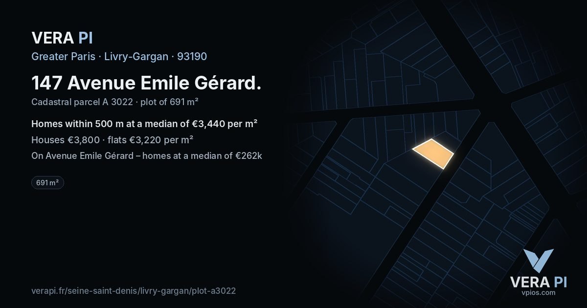 147 Avenue Emile Gérard, Livry-Gargan at night – the plot lit, the parcels around coloured by the prices near them