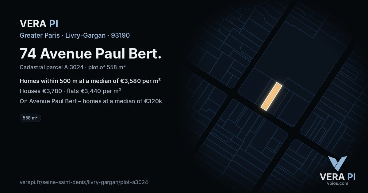 74 Avenue Paul Bert, Livry-Gargan at night – the plot lit, the parcels around coloured by the prices near them