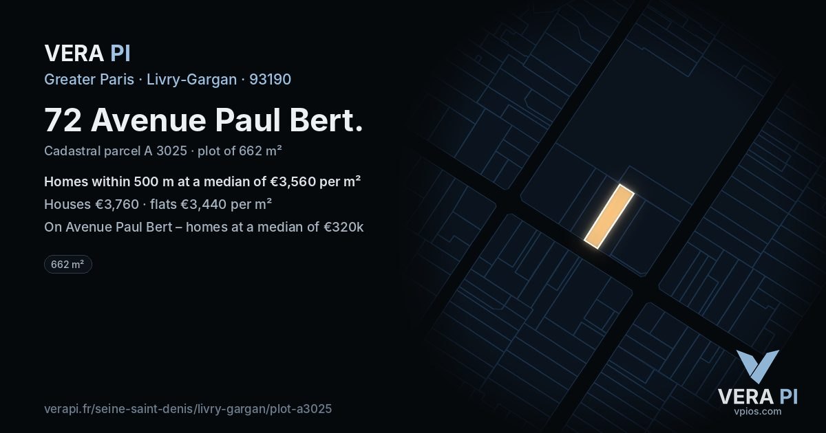 72 Avenue Paul Bert, Livry-Gargan at night – the plot lit, the parcels around coloured by the prices near them